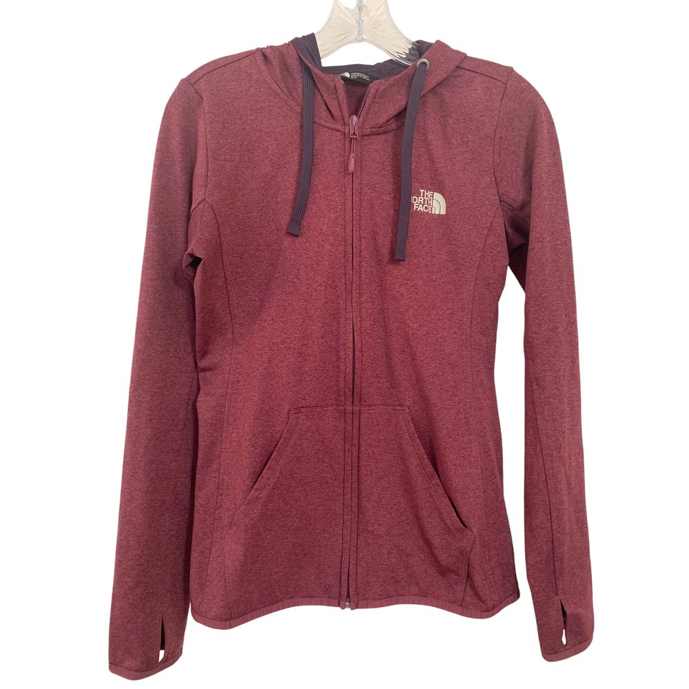 The North Face Womens Full Zip Hoodie Burgundy Heather Thumbhole Jacket Small